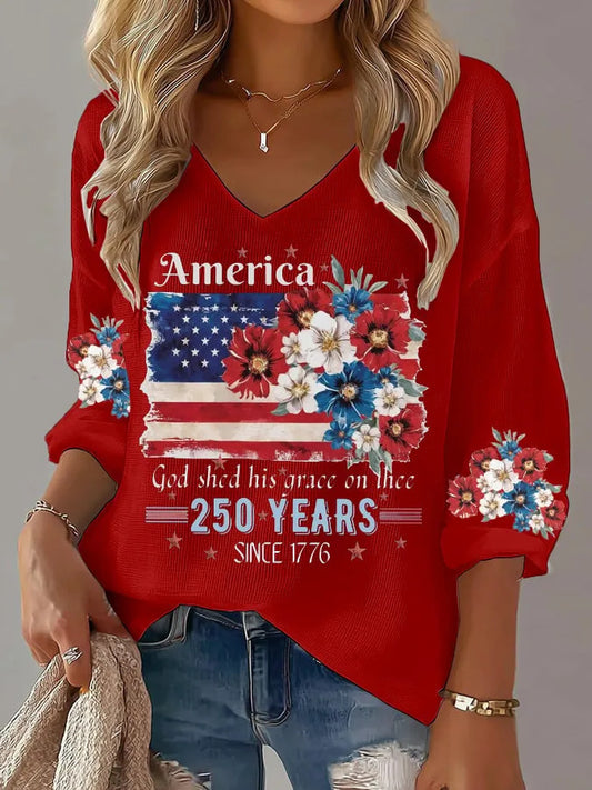 USA 250th Women's Summer V-neck Short-sleeved Top CHF-1584 - BundleWear