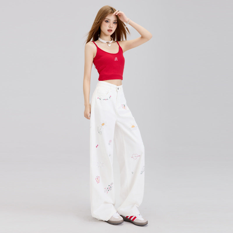 White jeans with niche embroidery