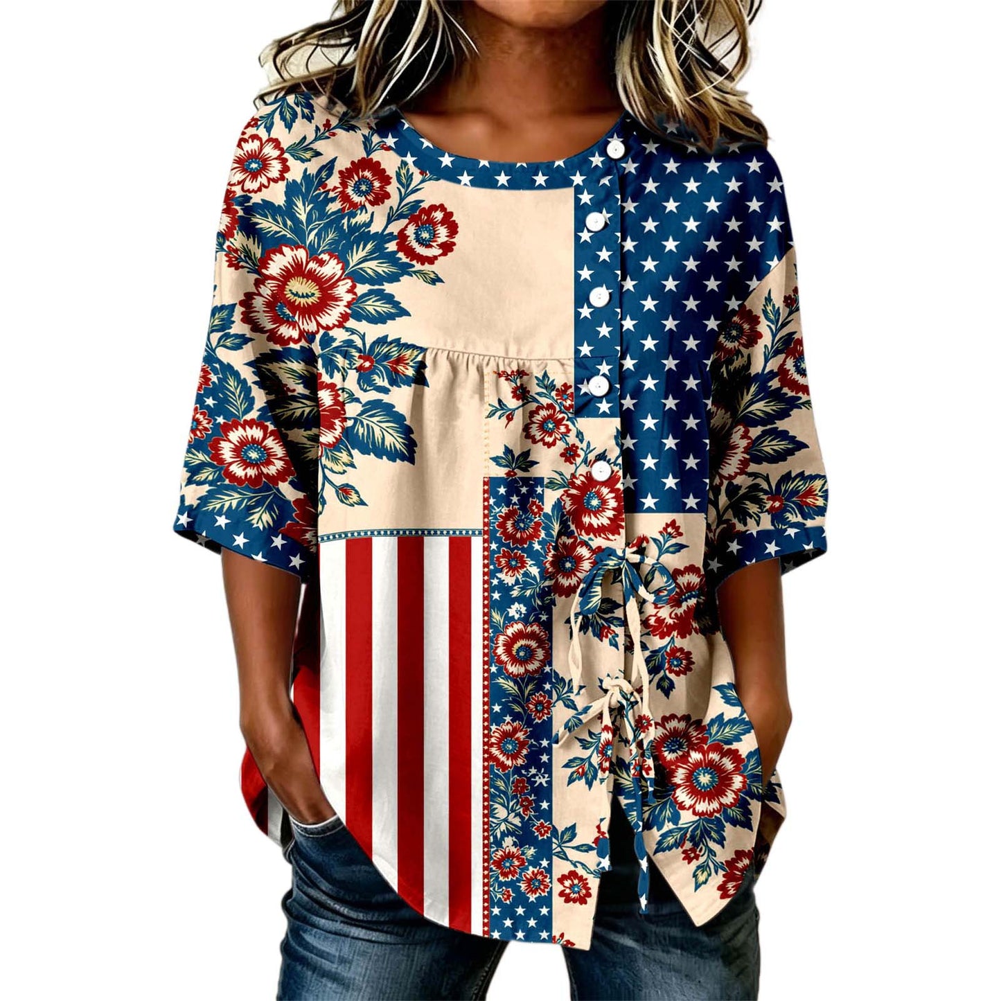 USA 250th Women's Short-Sleeved Shirt with Tie Hem - BundleWear