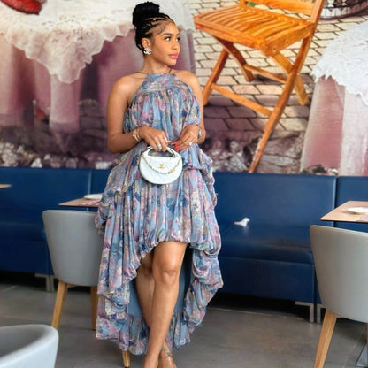 Silk Road QFX1248 European and American cross-border women's clothing 2026 African new sweet printed large swing long skirt buttoned long-sleeved round neck dress - BundleWear