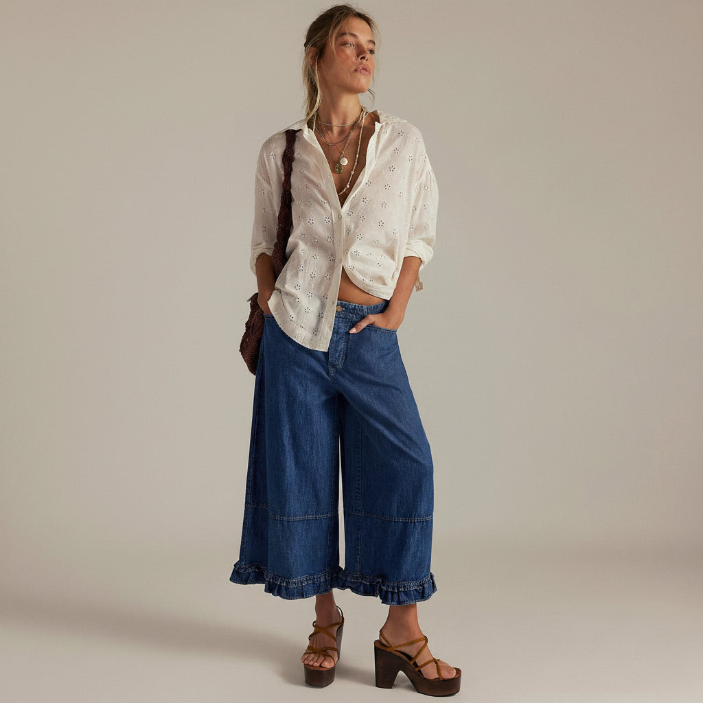 Ruffle Hem Wide Leg Jeans