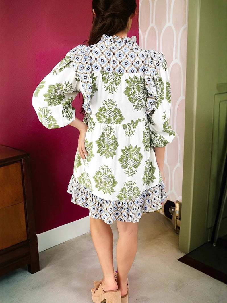 Women's Print Color Block Ruffle Mini Dress - BundleWear