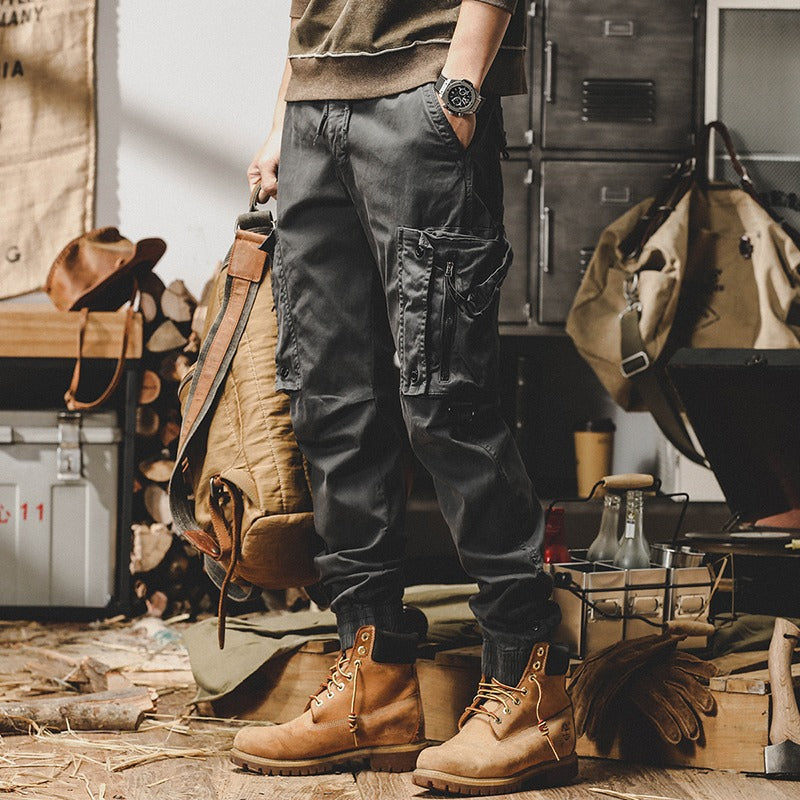 Men's workwear multi-pocket trousers, trendy loose casual functional cuffed trousers