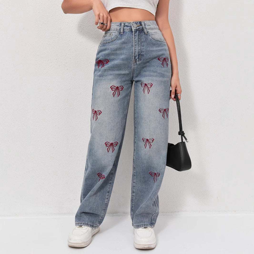 Bow embroidered wide jeans