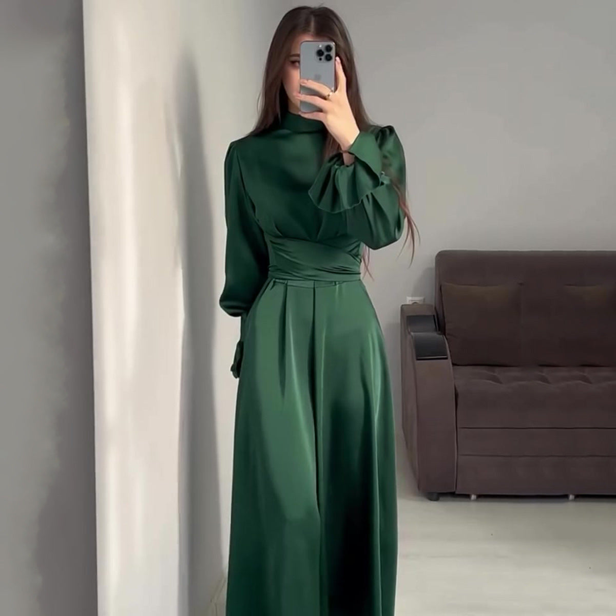 Long Sleeve Waist Puff Sleeve Solid Color Fairy Style Dress