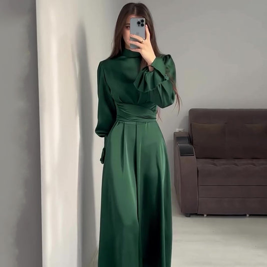 Long Sleeve Waist Puff Sleeve Solid Color Fairy Style Dress