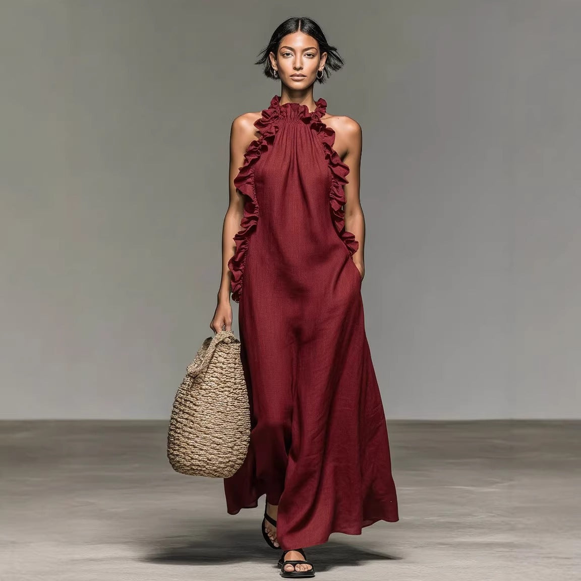 Women's Minimalist Linen-blend Sleeveless Maxi Dress With Ruffle Details - BundleWear