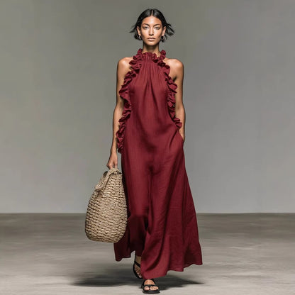 Women's Minimalist Linen-blend Sleeveless Maxi Dress With Ruffle Details - BundleWear