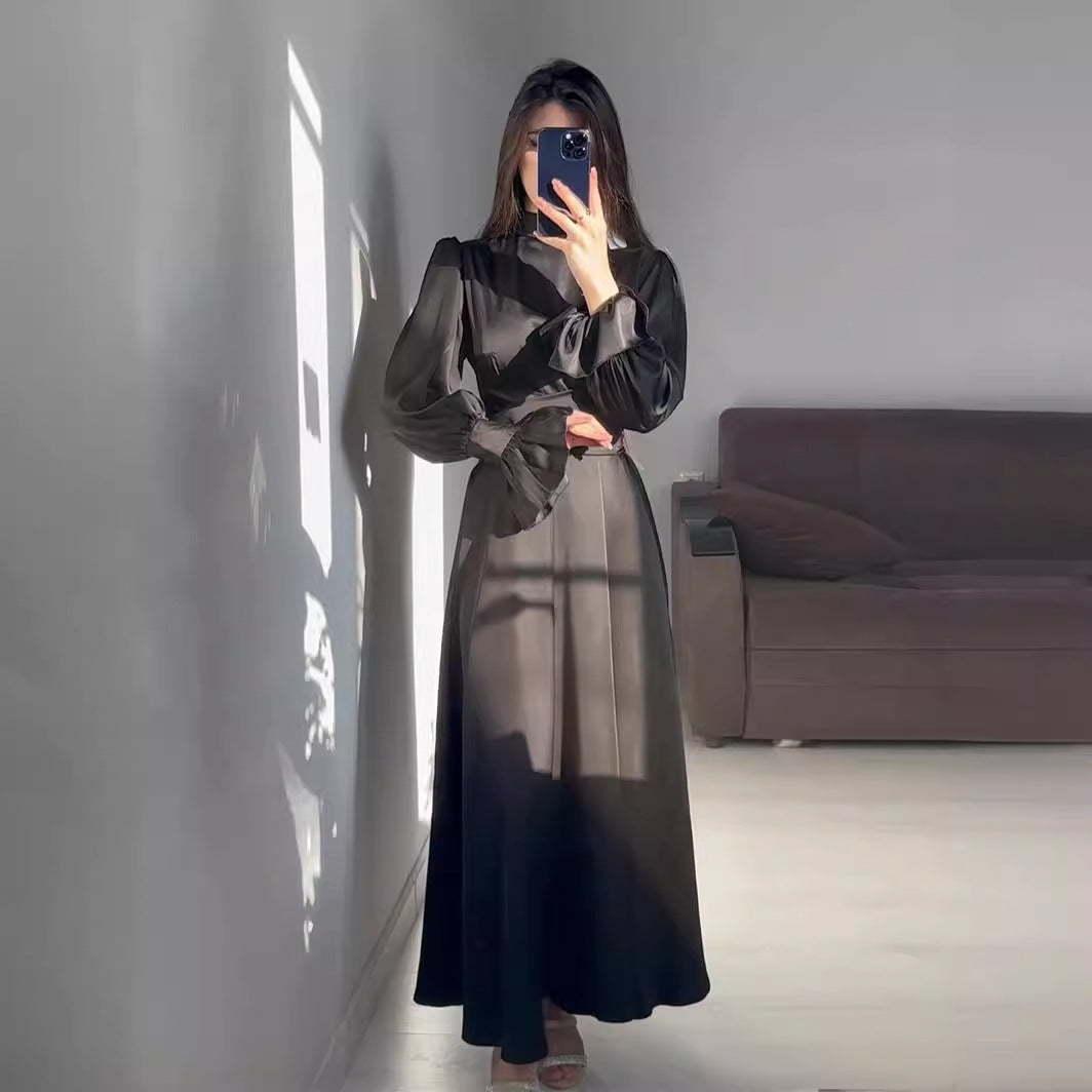 Long Sleeve Waist Puff Sleeve Solid Color Fairy Style Dress