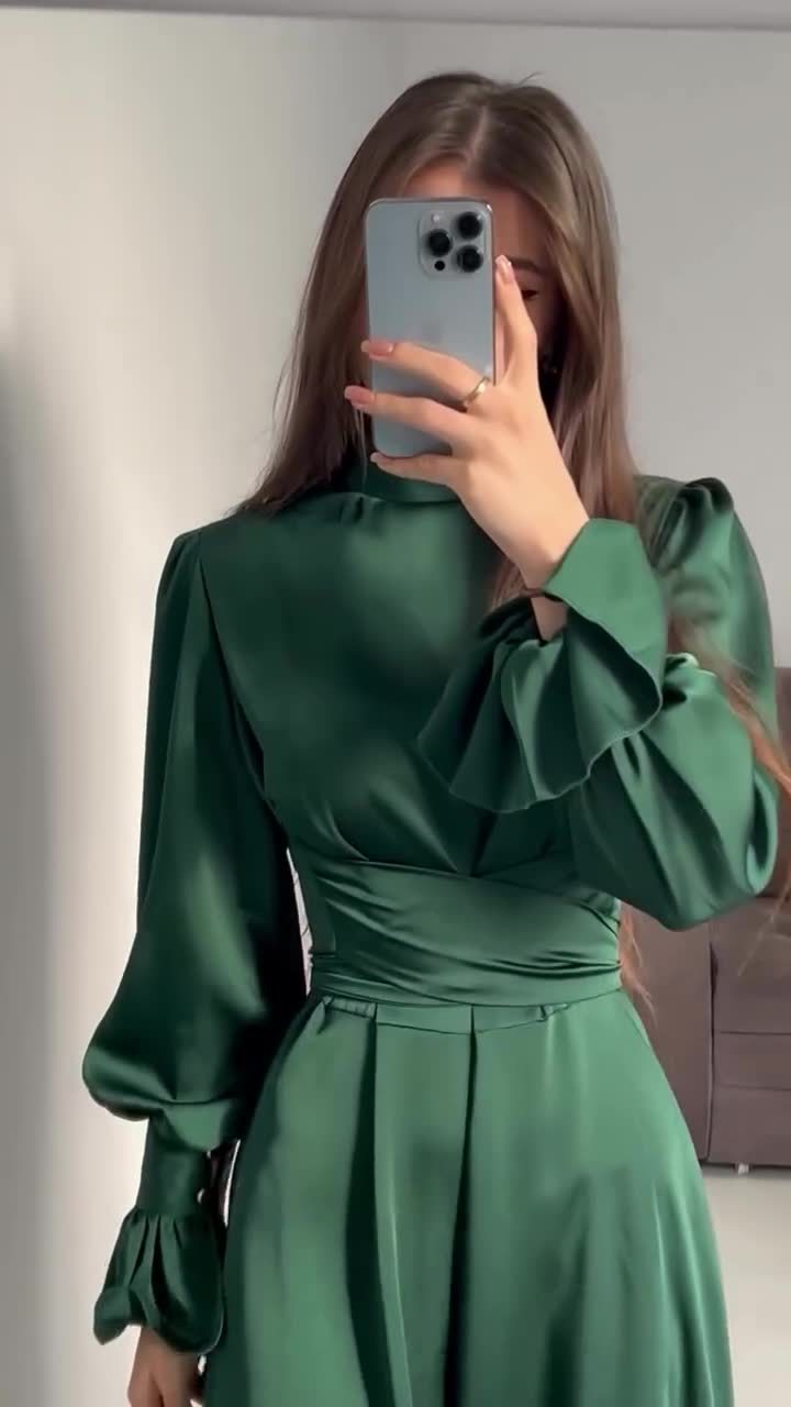 Long Sleeve Waist Puff Sleeve Solid Color Fairy Style Dress