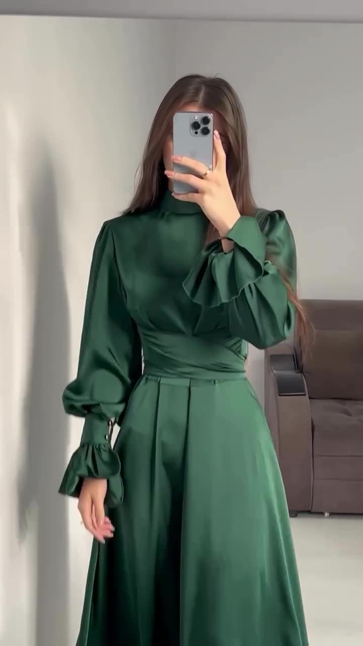 Long Sleeve Waist Puff Sleeve Solid Color Fairy Style Dress