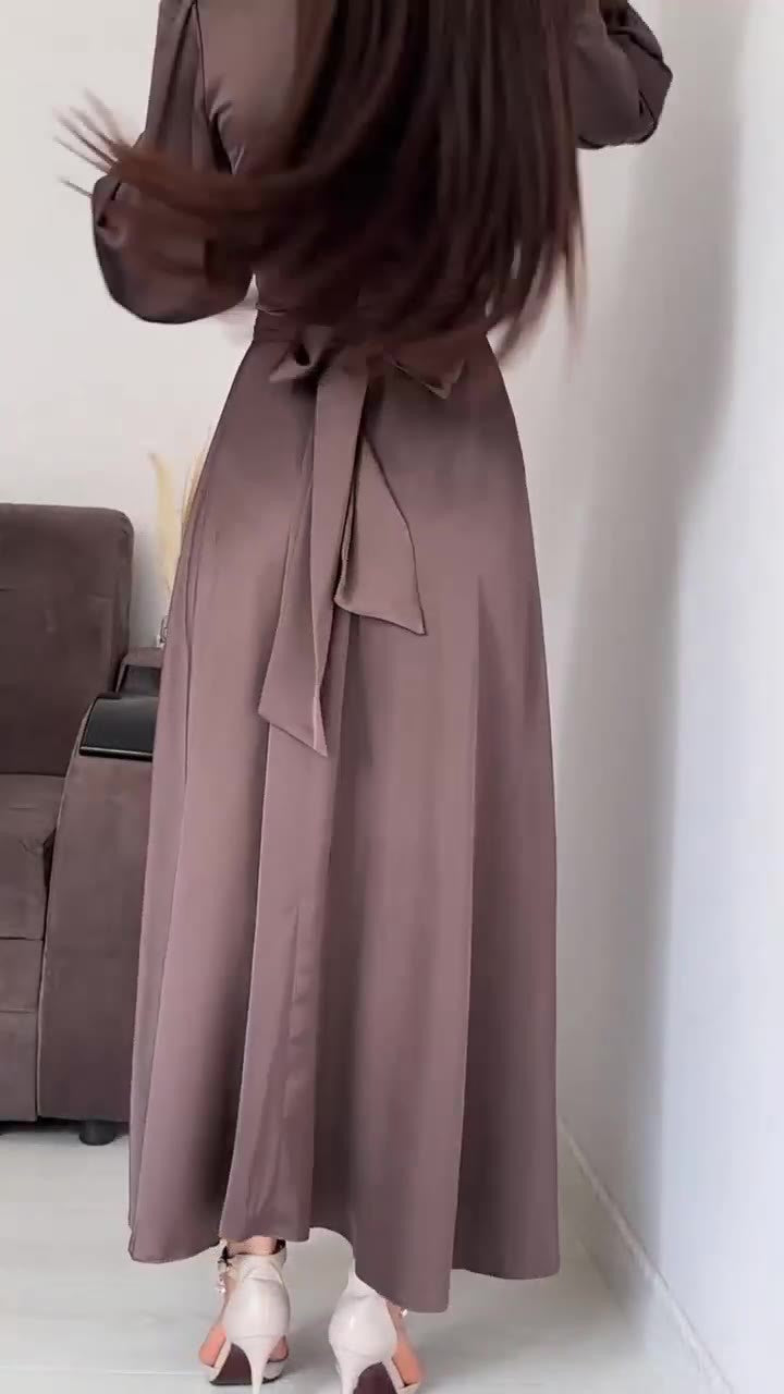 Long Sleeve Waist Puff Sleeve Solid Color Fairy Style Dress