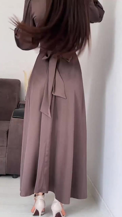 Long Sleeve Waist Puff Sleeve Solid Color Fairy Style Dress