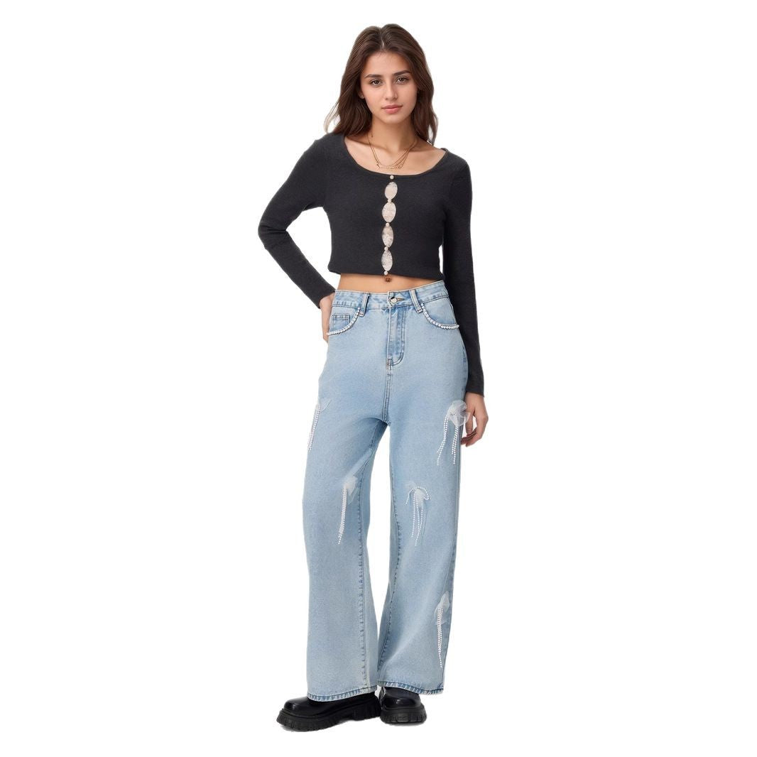 Denim trousers with 3D decoration
