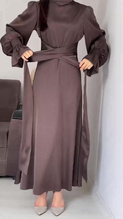 Long Sleeve Waist Puff Sleeve Solid Color Fairy Style Dress