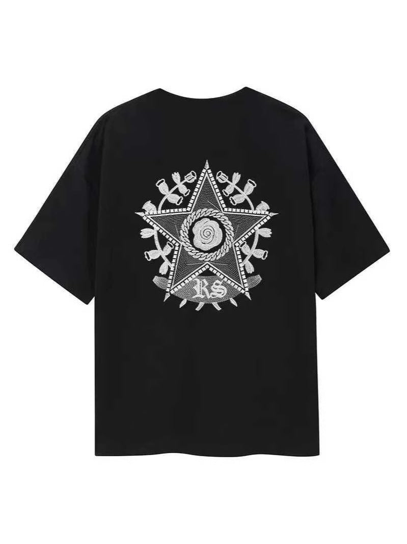 Light-sensitive color-changing embroidered five-pointed star and rose crew neck short-sleeved shirt - MATCHING MASTER
