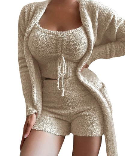 New women's plush lace -up fashion set three -piece suit