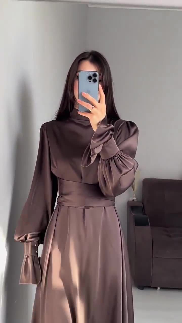 Long Sleeve Waist Puff Sleeve Solid Color Fairy Style Dress