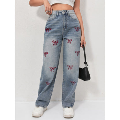 Bow embroidered wide jeans
