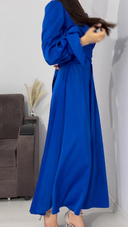 Long Sleeve Waist Puff Sleeve Solid Color Fairy Style Dress