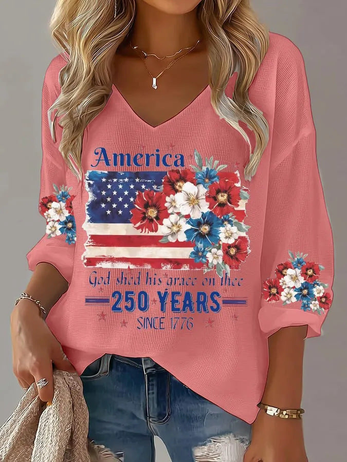 USA 250th Women's Summer V-neck Short-sleeved Top CHF-1584 - BundleWear