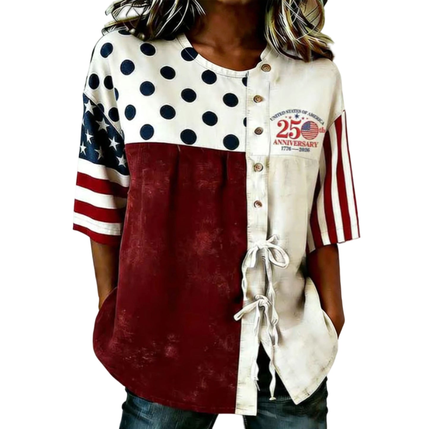 USA 250th Women's Short-Sleeved Shirt with Tie Hem - BundleWear