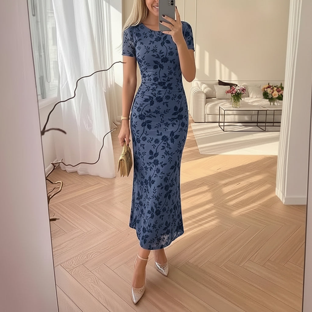 Floral print fitted waist elegant mesh dress