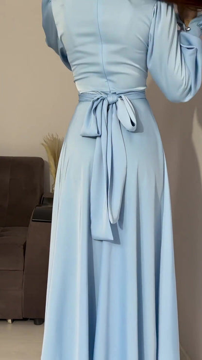 Long Sleeve Waist Puff Sleeve Solid Color Fairy Style Dress