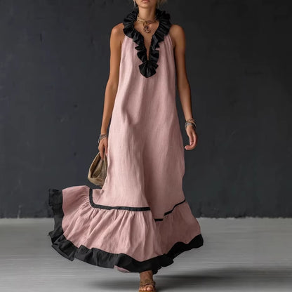 RUFFLED V-NECK MAXI DRESS