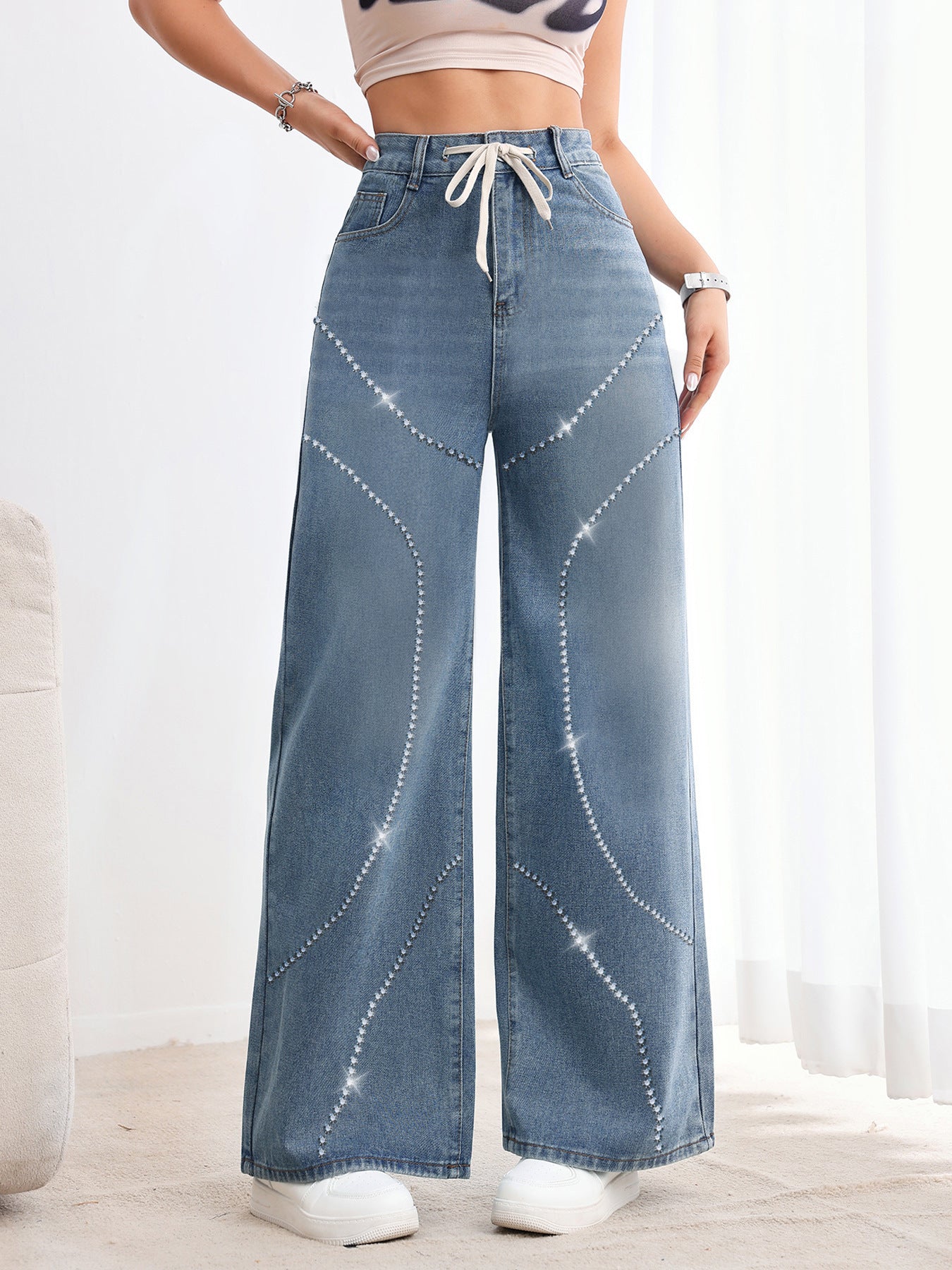 Rhinestone Beaded Denim Pants