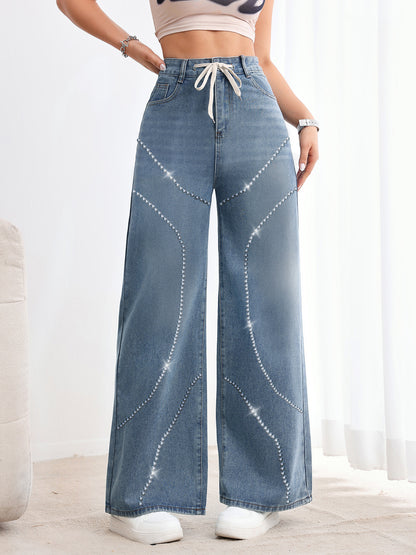 Rhinestone Beaded Denim Pants