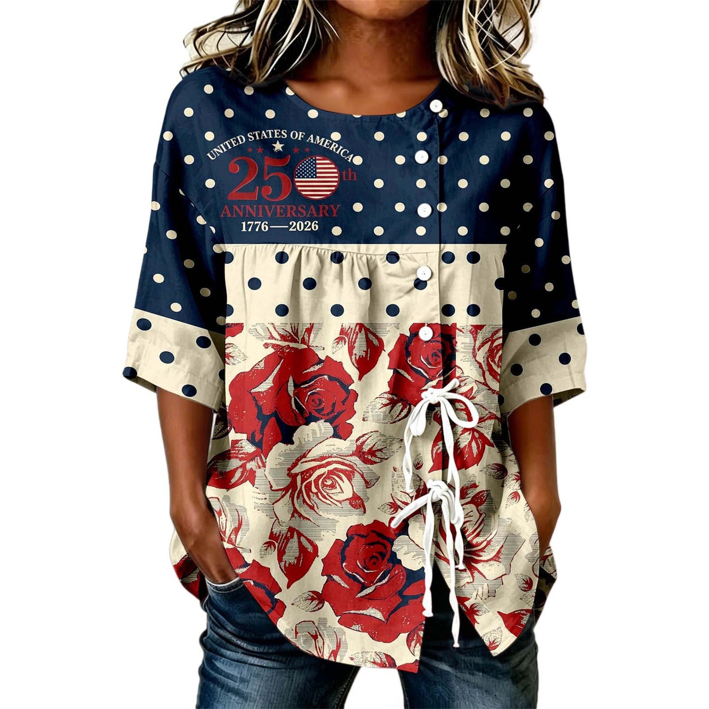USA 250th Women's Short-Sleeved Shirt with Tie Hem - BundleWear