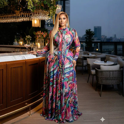 Silk Road QFX3243 European and American cross-border women's clothing 2026 African new elegant printed large swing long skirt round neck long-sleeved waist dress - BundleWear