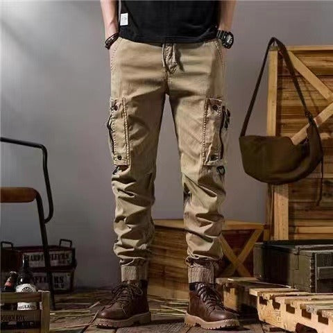 Men's workwear multi-pocket trousers, trendy loose casual functional cuffed trousers