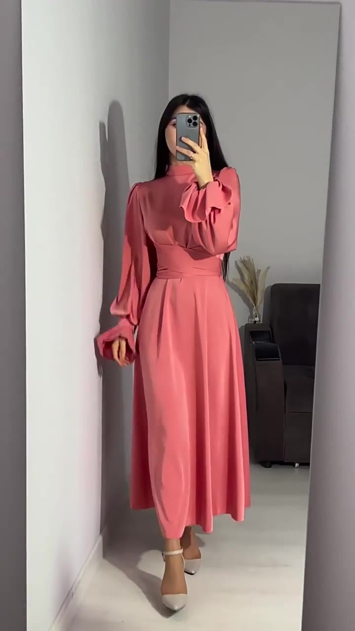 Long Sleeve Waist Puff Sleeve Solid Color Fairy Style Dress