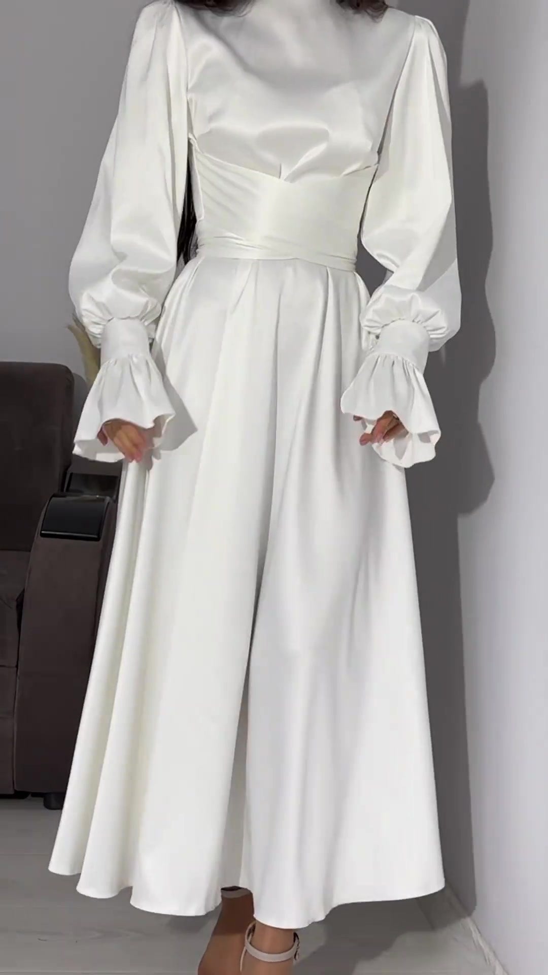 Long Sleeve Waist Puff Sleeve Solid Color Fairy Style Dress