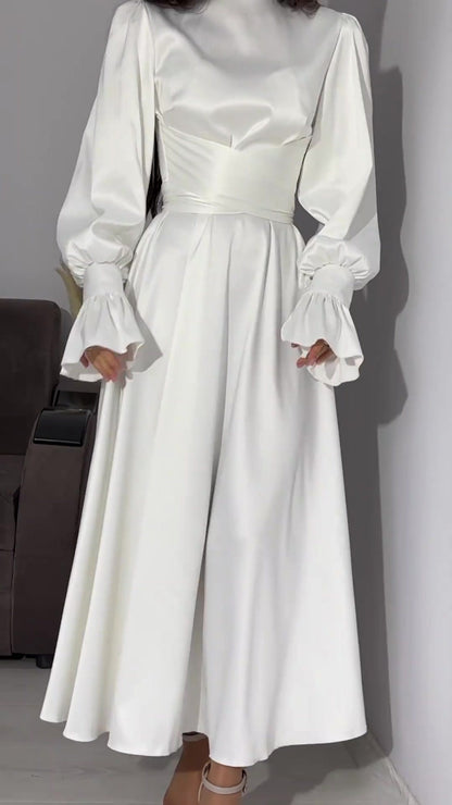 Long Sleeve Waist Puff Sleeve Solid Color Fairy Style Dress