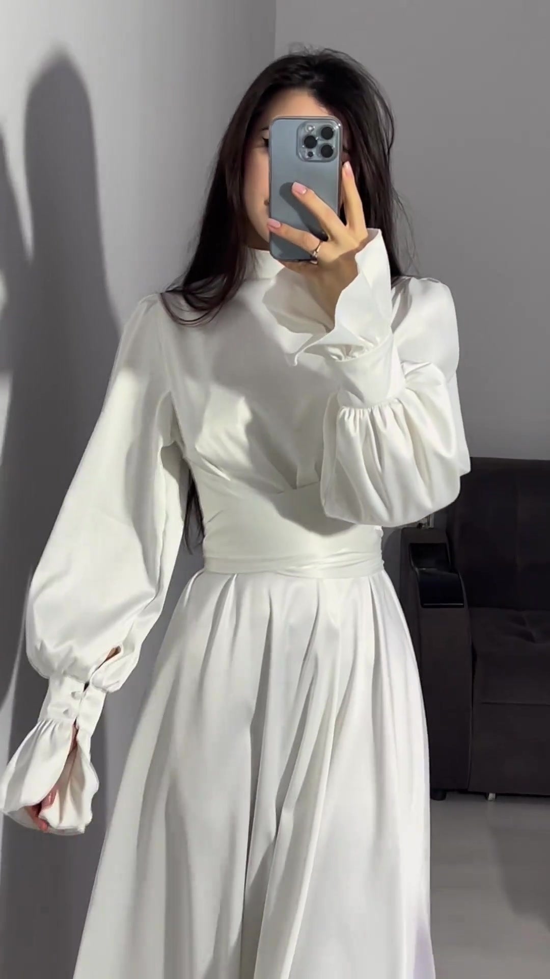 Long Sleeve Waist Puff Sleeve Solid Color Fairy Style Dress