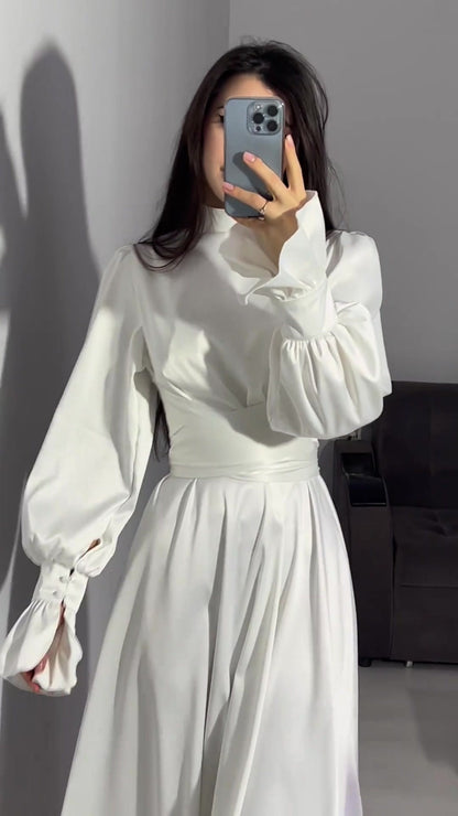 Long Sleeve Waist Puff Sleeve Solid Color Fairy Style Dress
