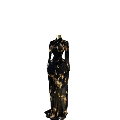 Silk Road QFX3309 2026 African New Elegant Evening Long Dress Print Long Sleeve Slimming Dress - BundleWear