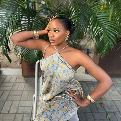 Silk Road QFX2121 European and American cross-border women's clothing 2025 African new casual printed long pants lace-up sleeveless vest top two-piece set - BundleWear