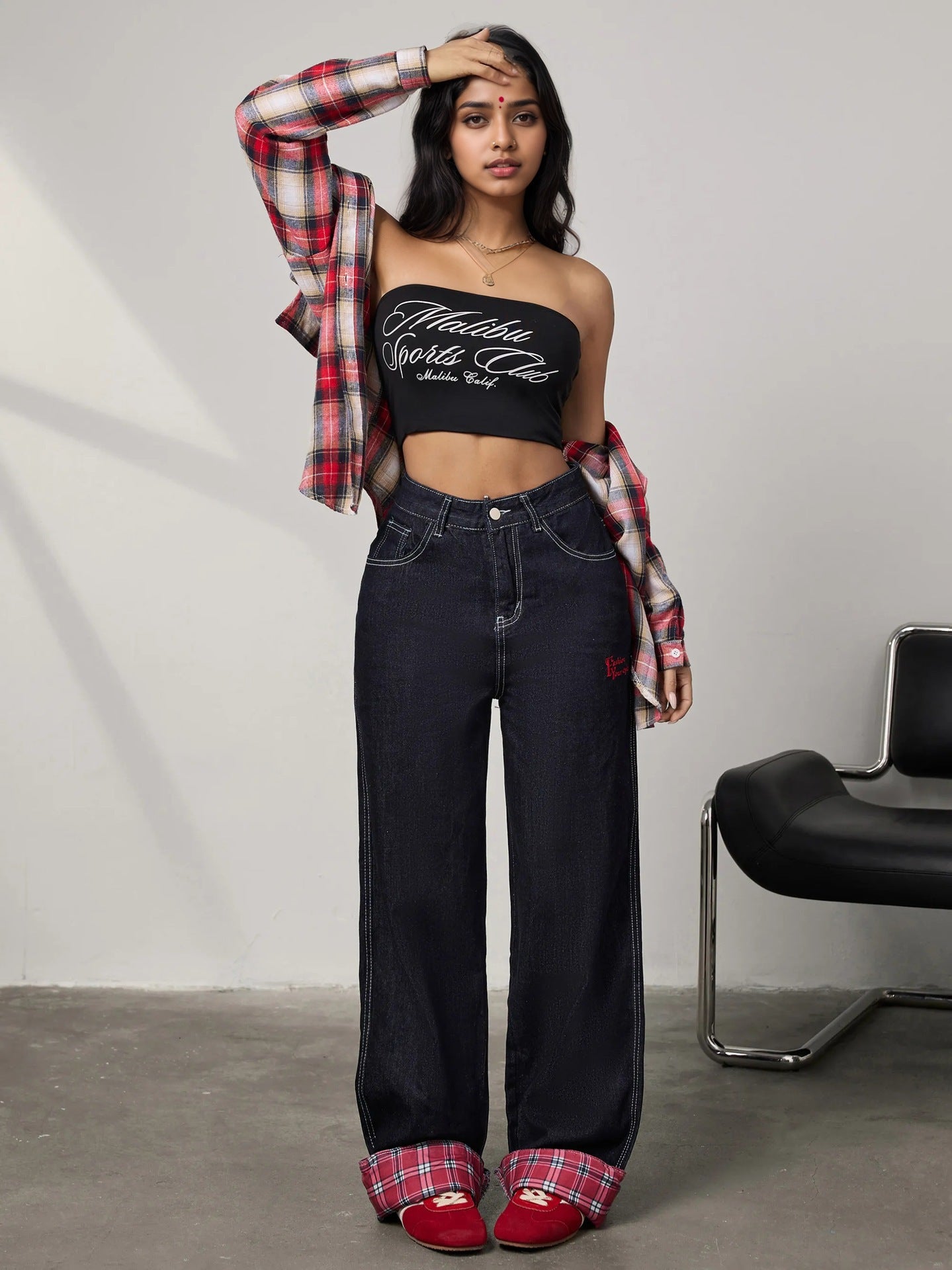 Panelled rolled-up plaid jeans