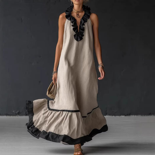RUFFLED V-NECK MAXI DRESS