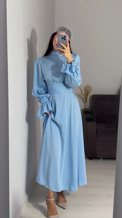 Long Sleeve Waist Puff Sleeve Solid Color Fairy Style Dress