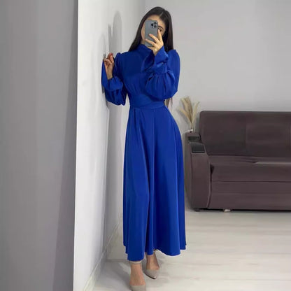 Long Sleeve Waist Puff Sleeve Solid Color Fairy Style Dress