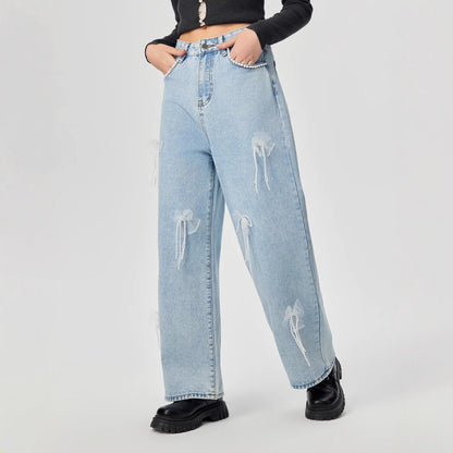 Denim trousers with 3D decoration