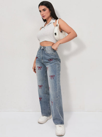 Bow embroidered wide jeans