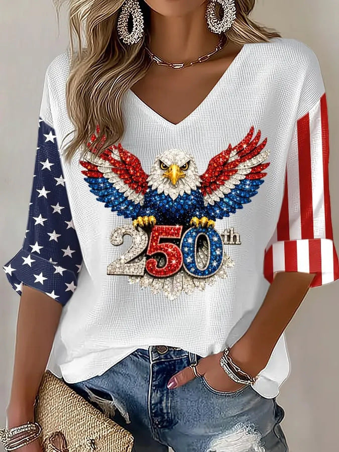 USA 250th Women's Summer V-neck Short-sleeved Top CHF-1580 - BundleWear