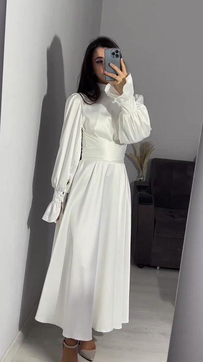 Long Sleeve Waist Puff Sleeve Solid Color Fairy Style Dress