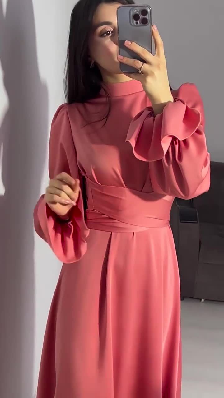 Long Sleeve Waist Puff Sleeve Solid Color Fairy Style Dress